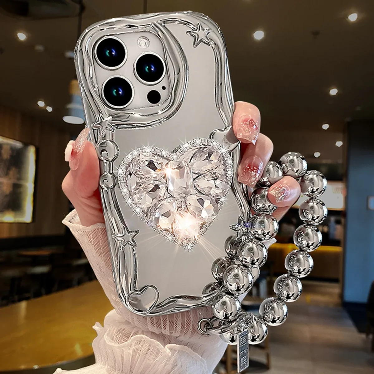Star Silver Plating 3D Diamond Heart Holder Strap Phone Case For iPhone16 15 14 13 12 11 Pro Max X XS XR 7 8 Plus +